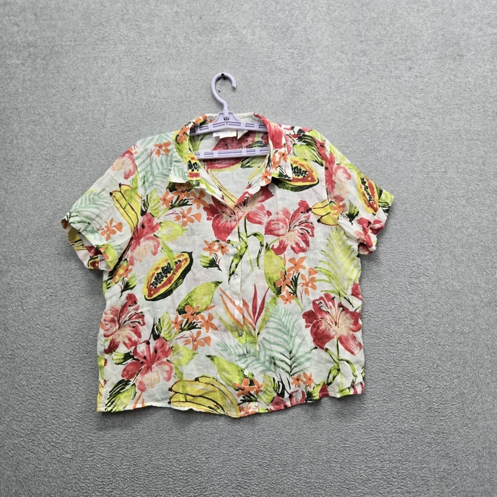 C&C California Women Button Up Shirt XL White Linen‎ Floral Hawaiian Coastal